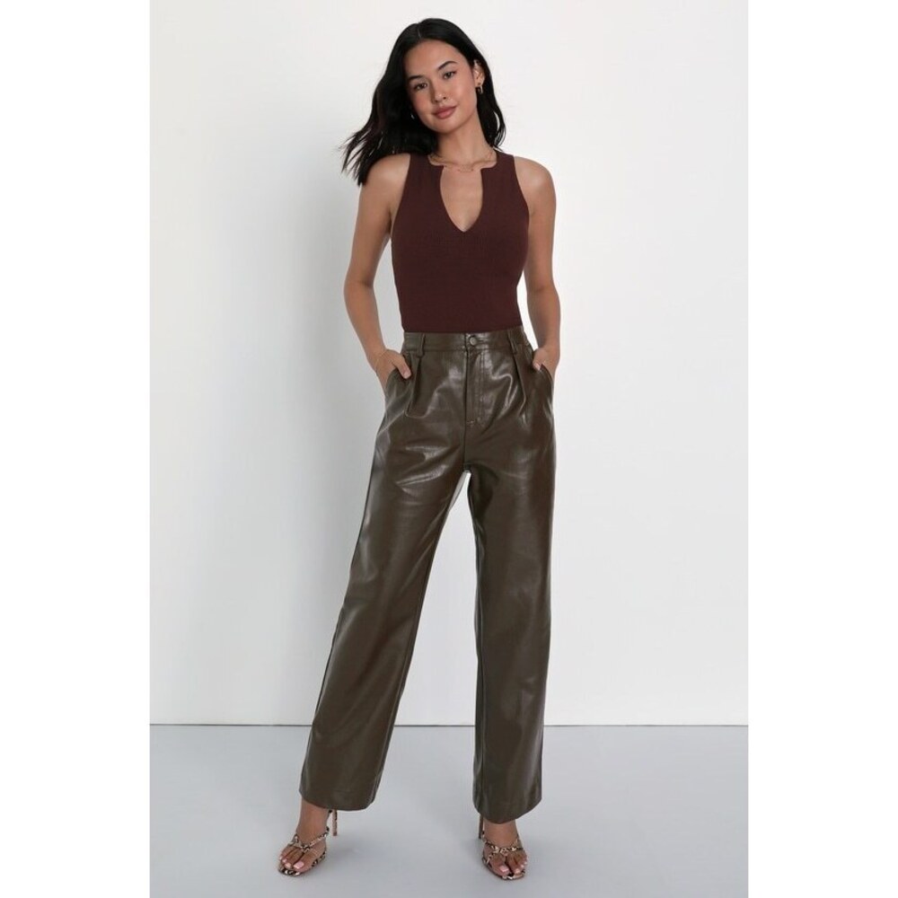 NWT Lulus Check Your Vibe Dark Brown Vegan Leather High Rise Pants